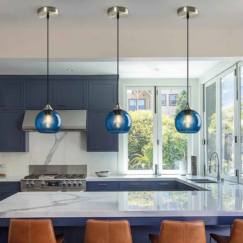 Blue Glass Pendant Lights Kitchen Island Lighting Globe Pendant Light Fixtures Modern Pendant Lighting for Kitchen Island Bedroom Living Dining Room Light Fixture(5.9in, 3-Pack)