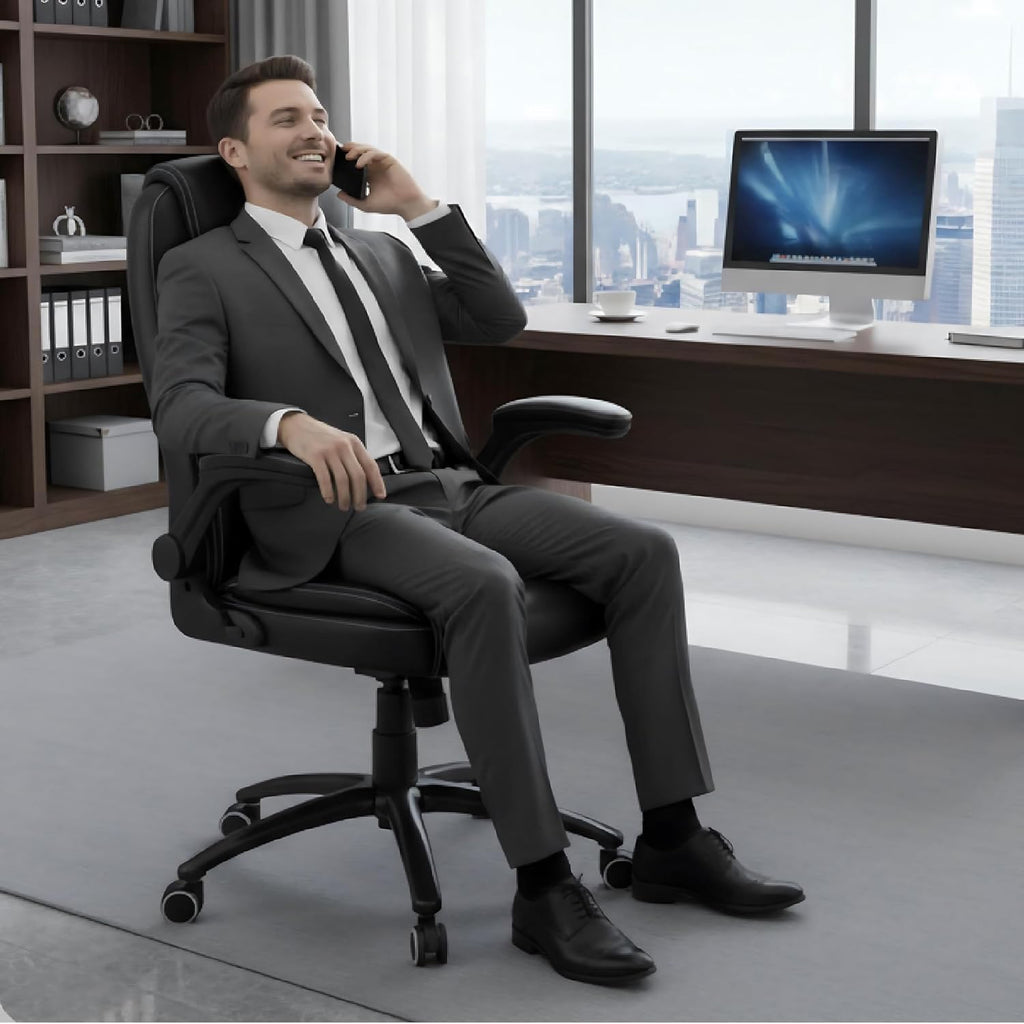 MALOL 300LBS PU Leather High-Back Executive Office Chairs, Heavy Duty Home Ergonomic Computer Chair Flip-Up Armrests & Reclining Backrest, Black