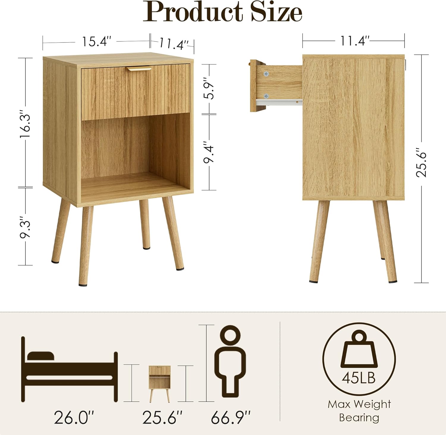 Oak Fluted Nightstand, Modern Bedside Table with Storage Drawer, Wood Night Stand Side End Table for Bedroom, Living Room, Office
