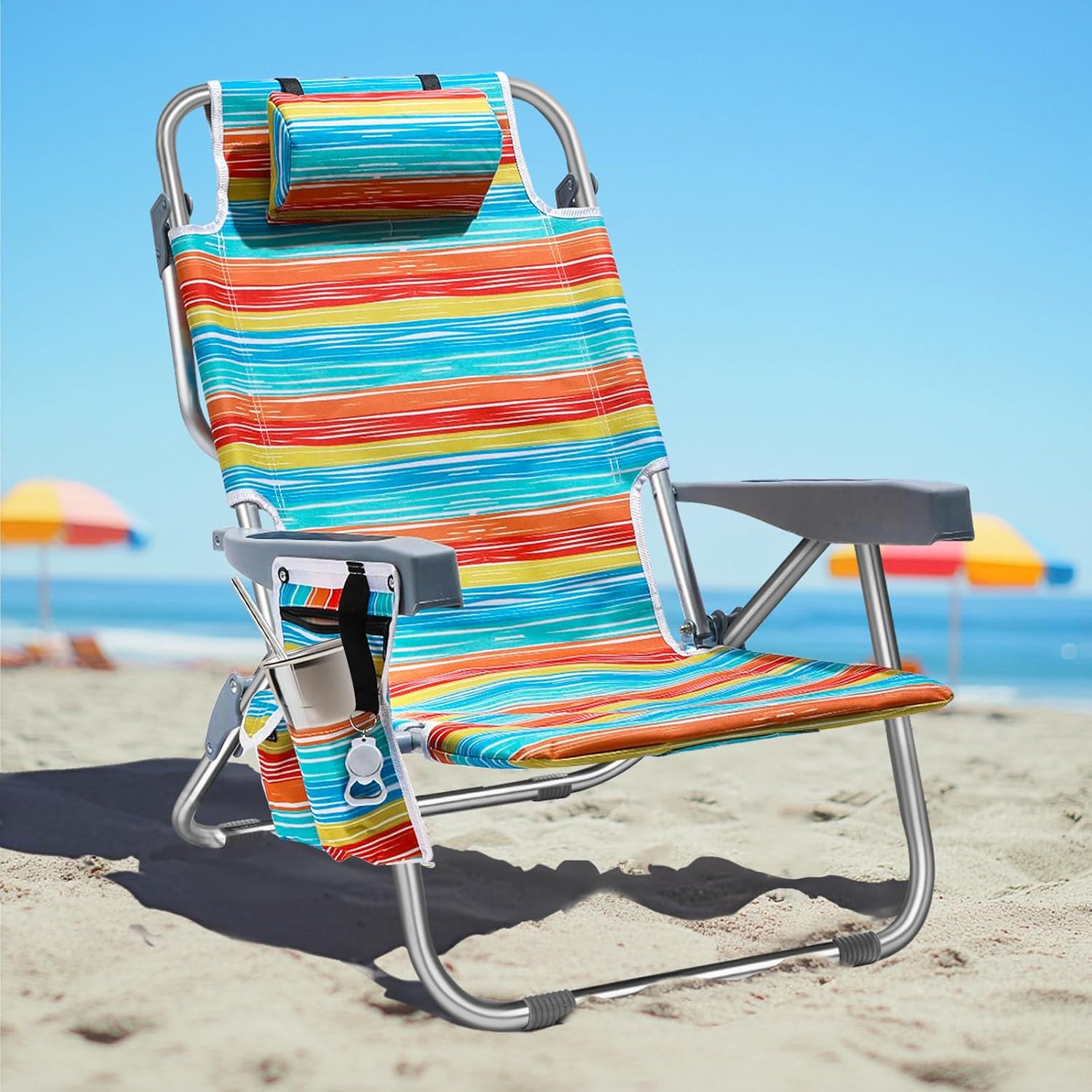 PASAMIC Backpack Beach Chair for Adults Portable, Lay Flat Reclining Beach Chair with 5 Positions, Tall Heavy Duty Folding Chairs with Cup Holder, Cooler Pouch, Storage Pouch, Multicolor Stripe