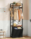 Space-Saving Coat Rack with Tilt Out Laundry Basket, Clothes Garment Rack with Shelves, X-Shaped Sturdy Structure Freestanding Hall Tree Laundry Hamper for Bedroom Laundry Room Bathroom, Brown