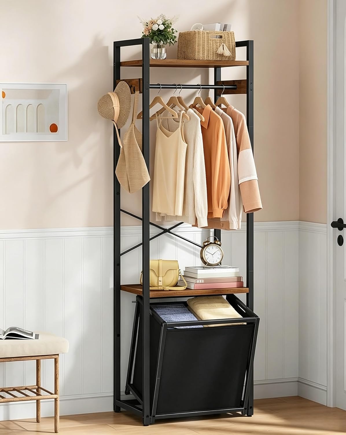 Space-Saving Coat Rack with Tilt Out Laundry Basket, Clothes Garment Rack with Shelves, X-Shaped Sturdy Structure Freestanding Hall Tree Laundry Hamper for Bedroom Laundry Room Bathroom, Brown