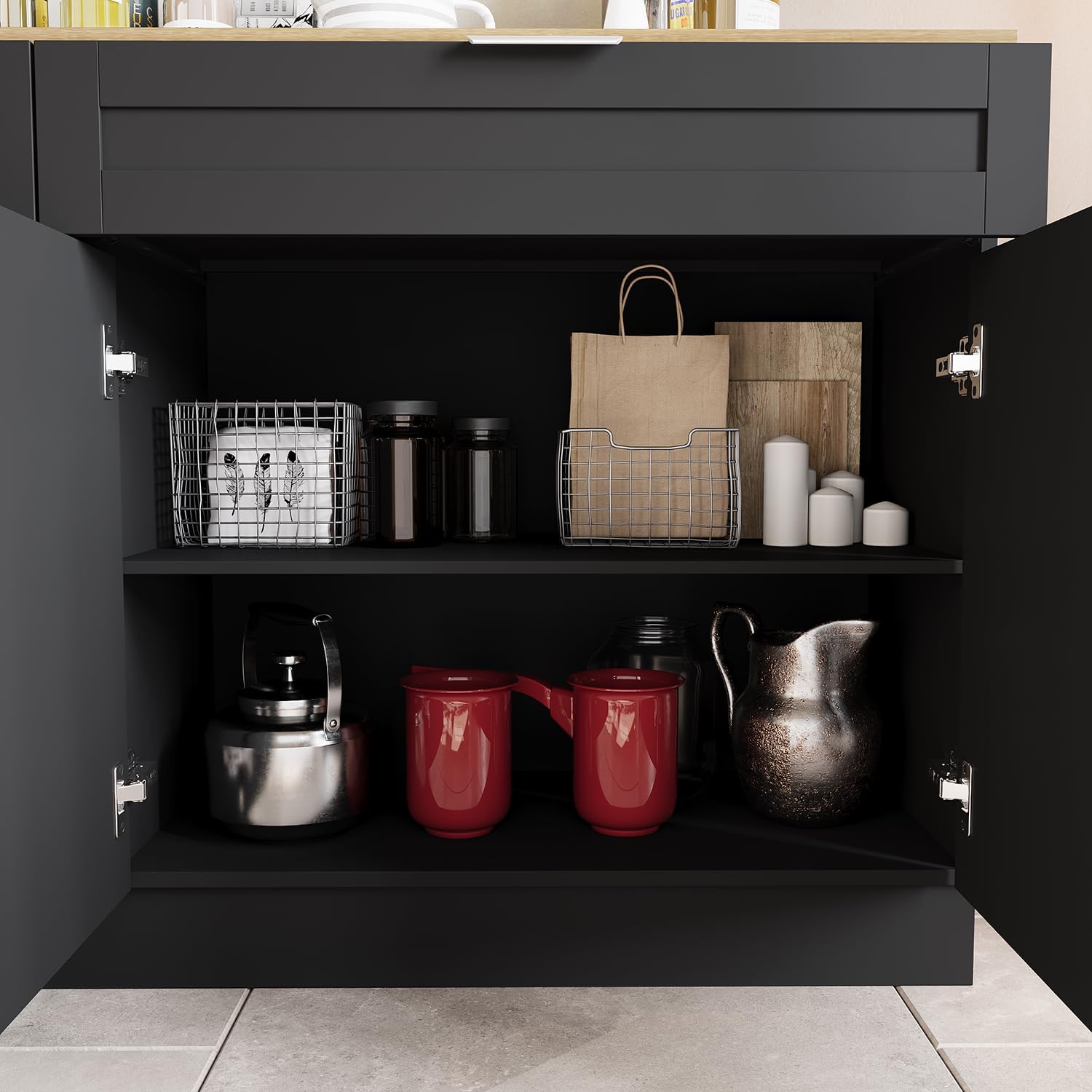 WOODTIME Wall Mounted Cabinet and Pantry with Countertop, Wooden Modern 2 Piece Kitchen Storage Cabinet with Drawers & Shelves for Dining Room Living Room, Black