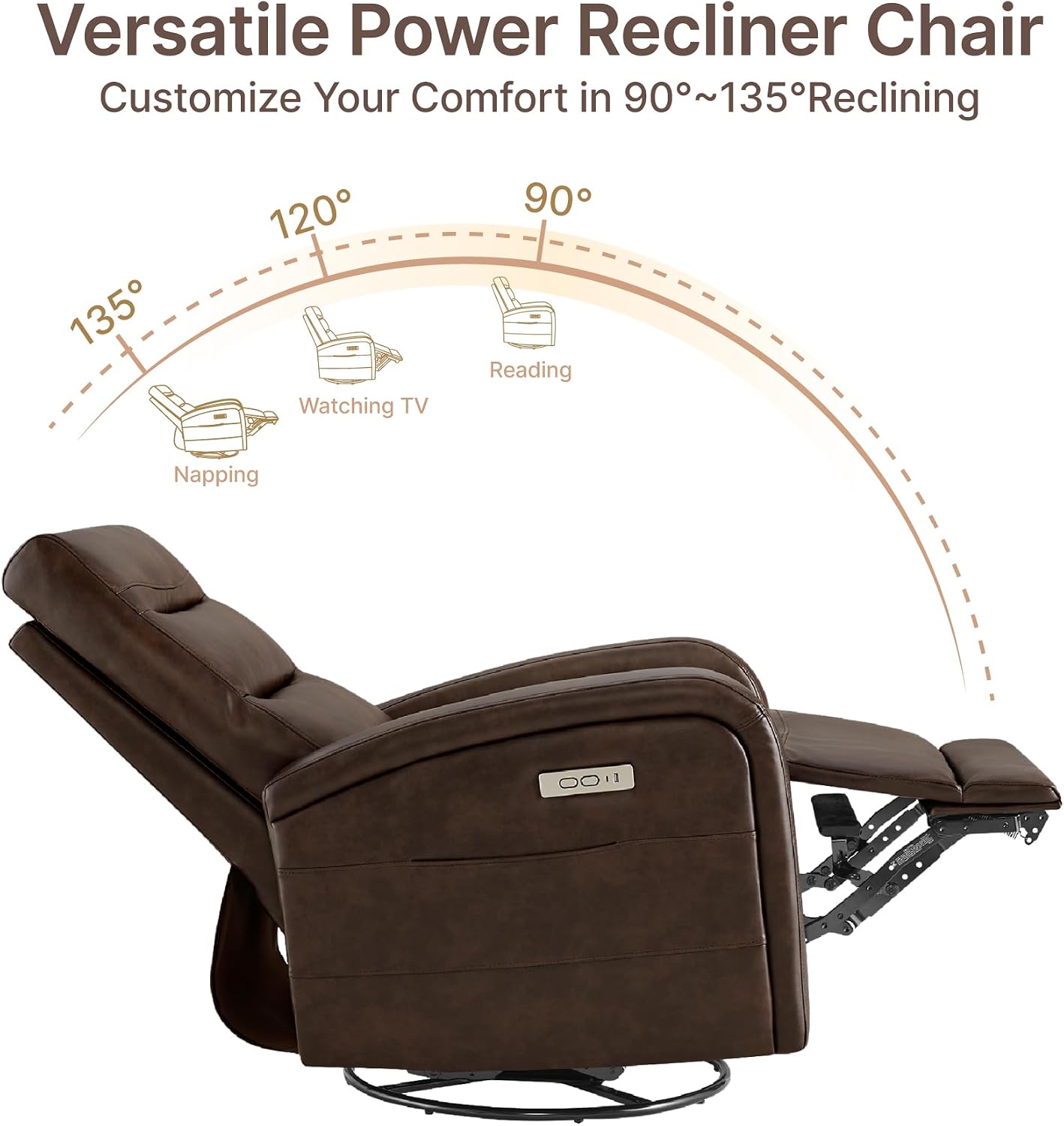 KISLOT Power Swivel Recliner Chair, Faux Leather Recliner 270° Rotation Modern Nursery Glider, Ergonomic Armrest & Side Storage Pocket, Comfortable Armchair for Living Room Bedroom & Nursery