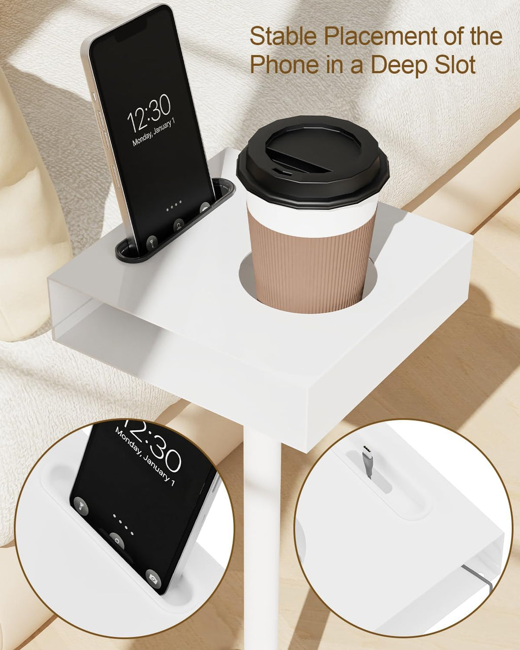 Yawinhe Small Metal Side Table,Versatile Coffee Drink Table with Weighted Base, End Table for Small Spaces with Phone Holder,Suitable for Living Room, Bedroom,7.8x7.8x21.6in,White,1 Pack,USZJ201W-1