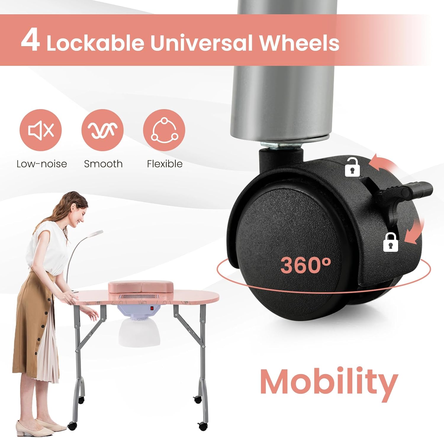 WELLHUT Nail Tech Table Vented Manicure Table w/LED Lamp, Dust Collector, Carry Bag & Soft Cushion, Portable Nail Tables w/Universal Mute Wheels for Nail Lovers Home Spa Beauty Salon