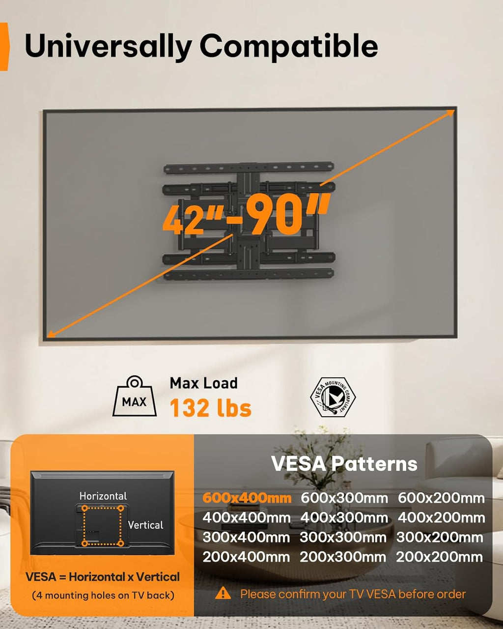 Perlegear Ultra Slim TV Wall Mount 1.1" Low Profile for 42-90" TVs, Fits 16"/24" Studs, Full Motion TV Mount Wall Bracket with Dual Articulating Arms, Swivel, Tilt, Max VESA 600x400mm, Holds 132lbs