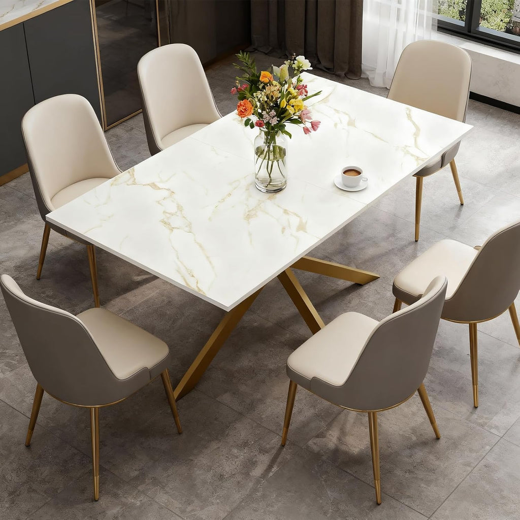 63"-79" Extendable Dining Table for 6-10 People, Modern Rectangle Extendable Kitchen Table with Gold Faux Marble Tabletop and Gold Metal Cross Legs for Restaurant/Dining Room/Kitchen/Living Room
