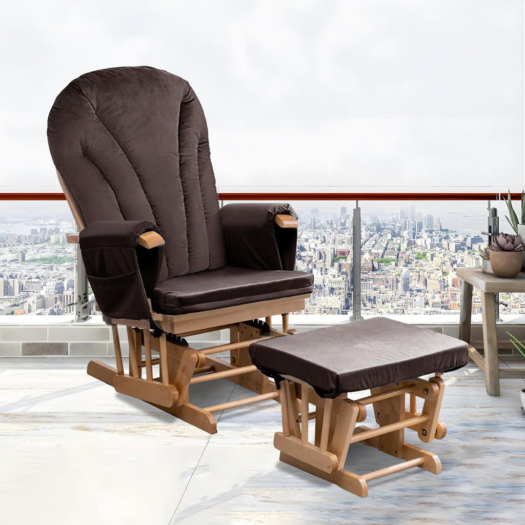 ANMINY 5pcs Glider Rocker Replacement Cushions Set with Ottoman Cushion, 3.5Inch Thickened Velvet Glider Rocking Chair Cushions with 29 inch High Backrest & Side Pockets for Indoor Nursery, Brown