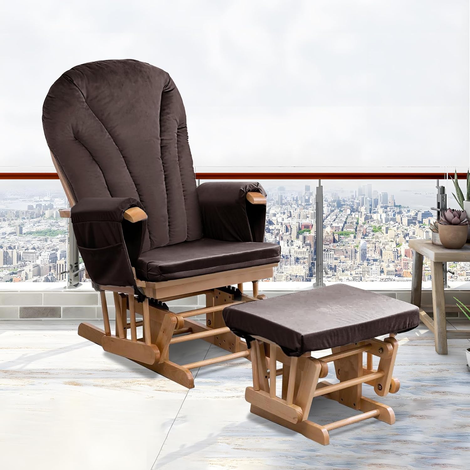 ANMINY 5pcs Glider Rocker Replacement Cushions Set with Ottoman Cushion, 3.5Inch Thickened Velvet Glider Rocking Chair Cushions with 29 inch High Backrest & Side Pockets for Indoor Nursery, Brown