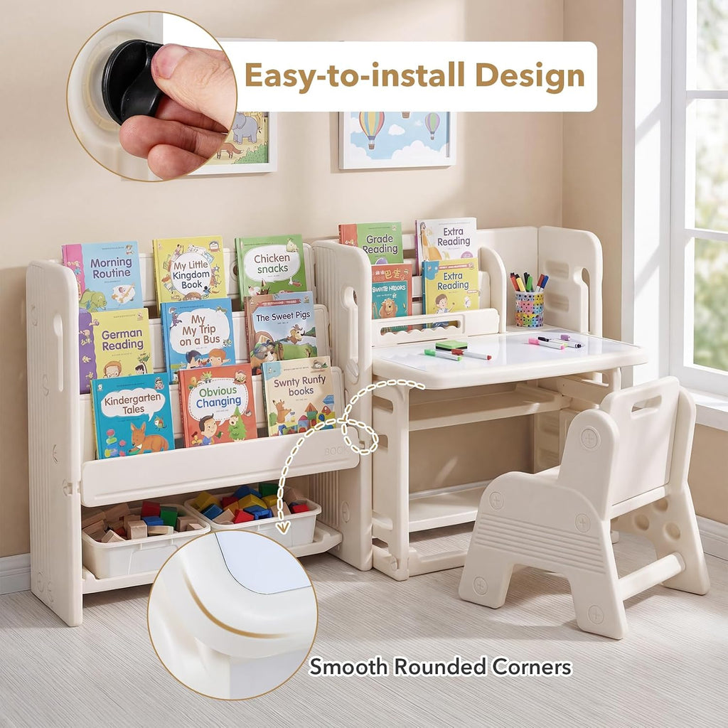 Costzon Toddler Table and Chair Set, Art Desk Set w/Side Bookshelves, Storage Boxes, Whiteboard & Tiltable Desktop, Kids Table and Chair for Writing, Painting, Reading