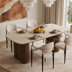 Honyee Sintered Stone Dining Table for 6–8, 78.7" Rectangular Kitchen Table, Real Travertine Top, Rounded Corners, Walnut Pedestal Base, Large Modern Dining Room Table
