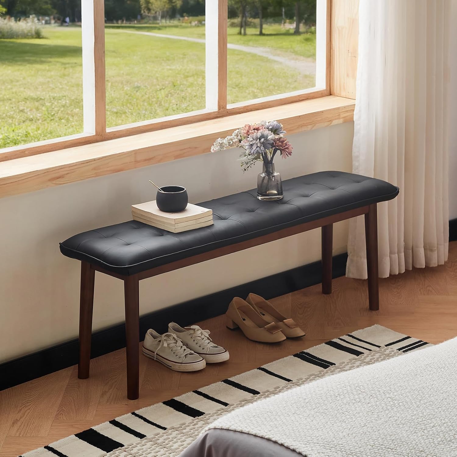 47'' Solid Wood Dining Bench with Cushion, Faux Leather Upholstered Bench for Dining Room Table, Kitchen, Entryway, or Bedroom End of Bed, Black