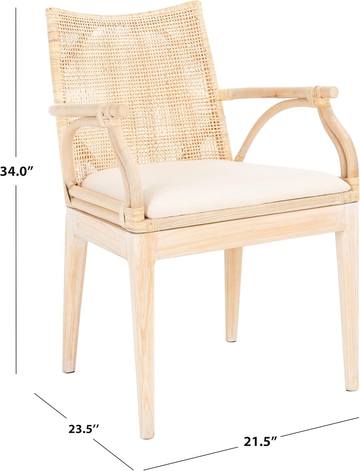 SAFAVIEH Home Collection - Gianni Natural & White Wash Solid Wood Rattan Arm Chair, Tropical Coastal Accent Seating for Living Room or Dining Space (SEA4011B)