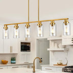 Kitchen Island Lighting, 6-Light Modern Dining Room Light Fixture Over Table,44.3'' Vintage Farmhouse Gold Linear Chandelier, Industrial Pendant Lights for Kitchen Island with Clear Glass Shade