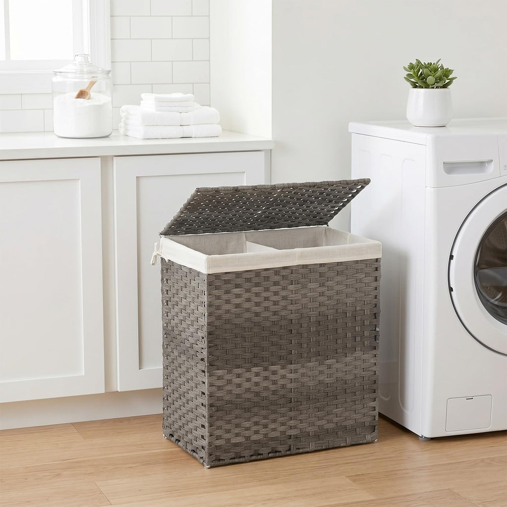 FDW Handwoven Laundry Hamper with Lid, 110L Foldable Rattan Clothes Basket with 2 Removable Liners & 6 Mesh Laundry Bags for Bathroom Bedroom, Grey