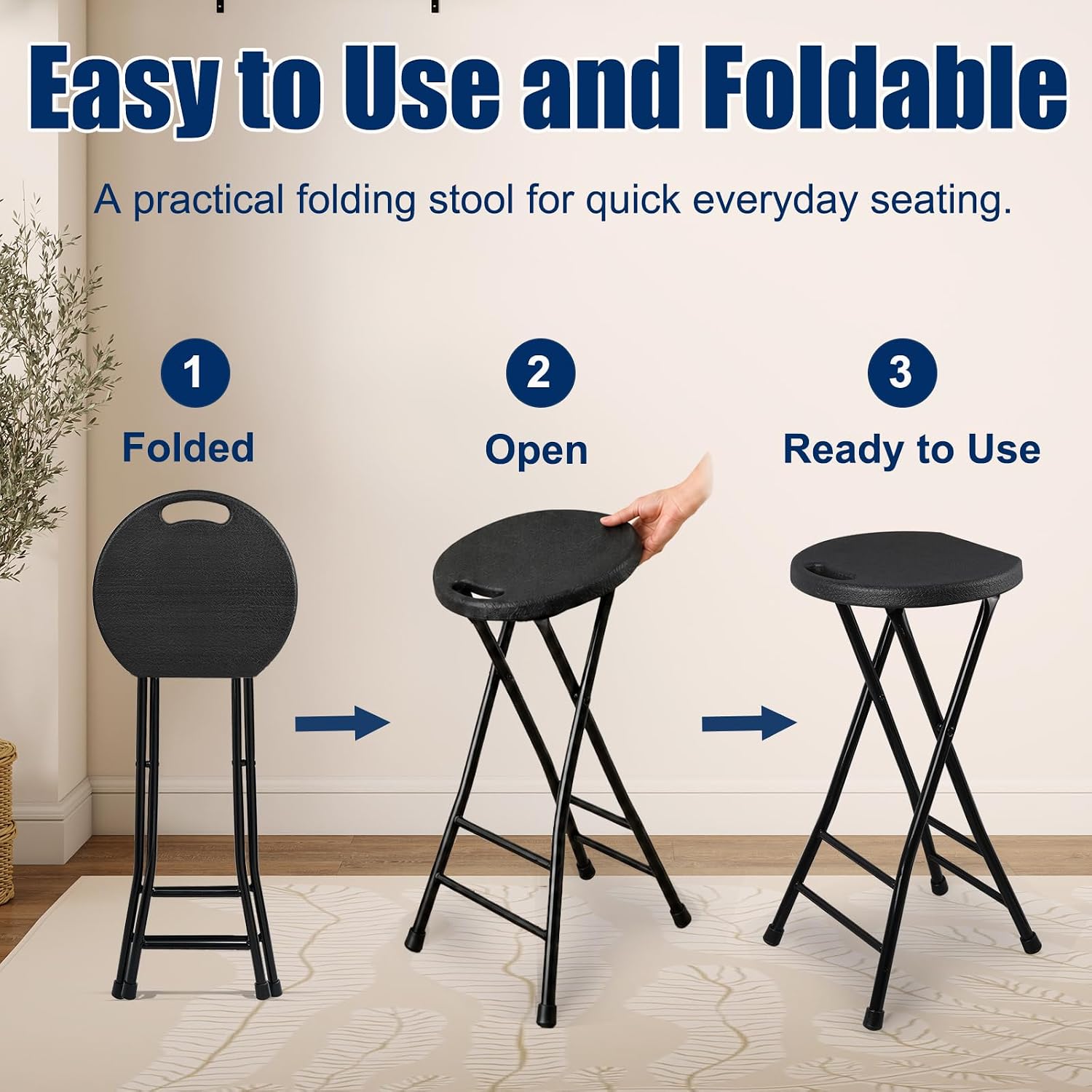 Folding Stool, Black 24 Inch Foldable Bar Stool with Handle, 500 lbs Capacity, Non-Slip Feet, Space-Saving Folding Tall Seating for Kitchen Island, Pub, Camping, Party Ourdoor Indoor(1 Pack)