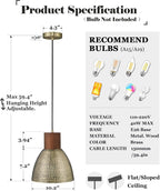 ELYONA 2 Pack Hammered Pendant Light Fixtures, 10.2" Vintage Metal Solid Wood Hanging Bar Lamp, Mid Century Antique Gold Pendant Lights for Kitchen Island, Farmhouse, Dining Room, Brushed Brass