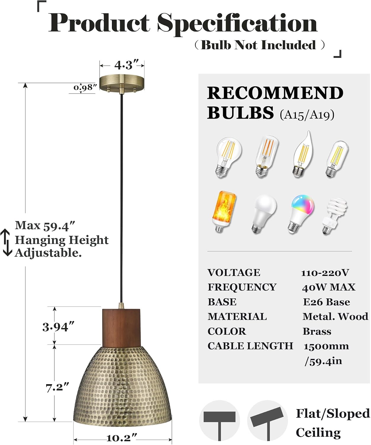 ELYONA 2 Pack Hammered Pendant Light Fixtures, 10.2" Vintage Metal Solid Wood Hanging Bar Lamp, Mid Century Antique Gold Pendant Lights for Kitchen Island, Farmhouse, Dining Room, Brushed Brass