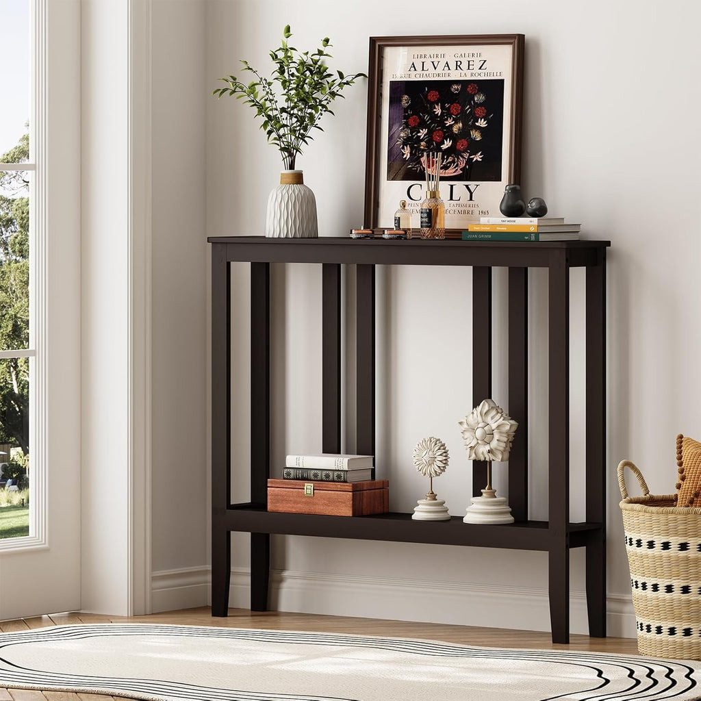 ELYKEN Bamboo 2-Tier Narrow Console Table, 36.2" Long Slim Sofa Table Behind Couch for Entryway, Hallway, Living Room, Brown