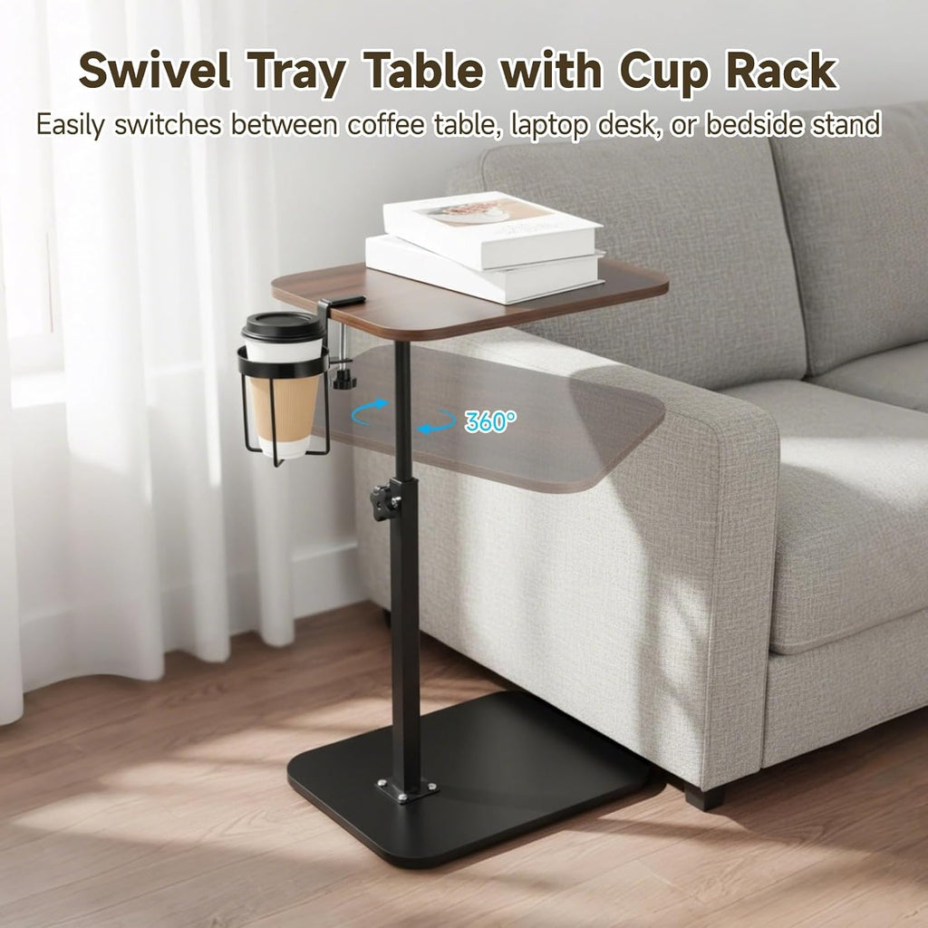 Rotating C Shaped Side Table with Cup Holder, Adjustable Height Sofa Side Table, 360 Swivel Tray Table, Slide Under Couch End Table for Bedside, Laptop, Small Space