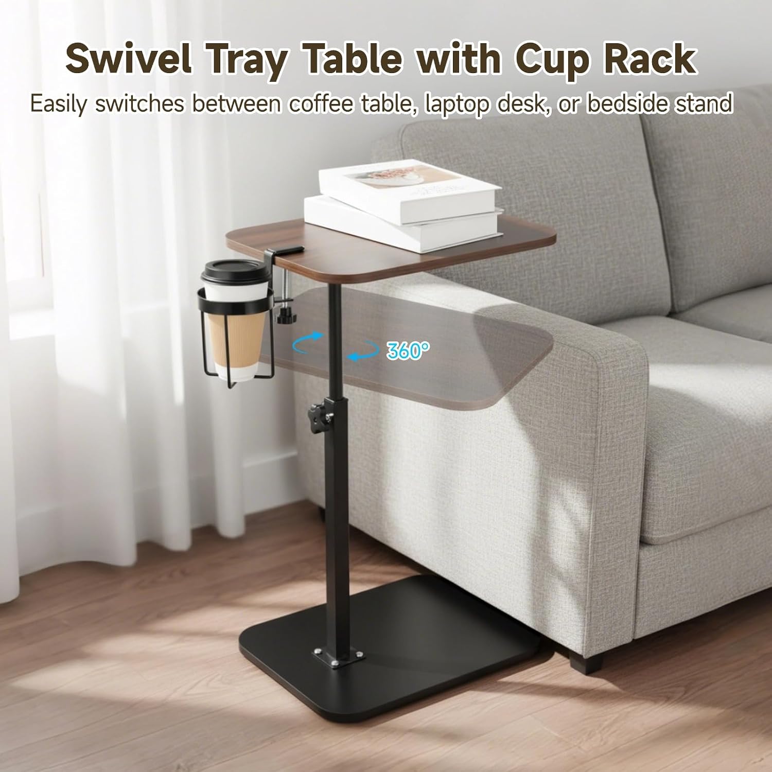 Rotating C Shaped Side Table with Cup Holder, Adjustable Height Sofa Side Table, 360 Swivel Tray Table, Slide Under Couch End Table for Bedside, Laptop, Small Space