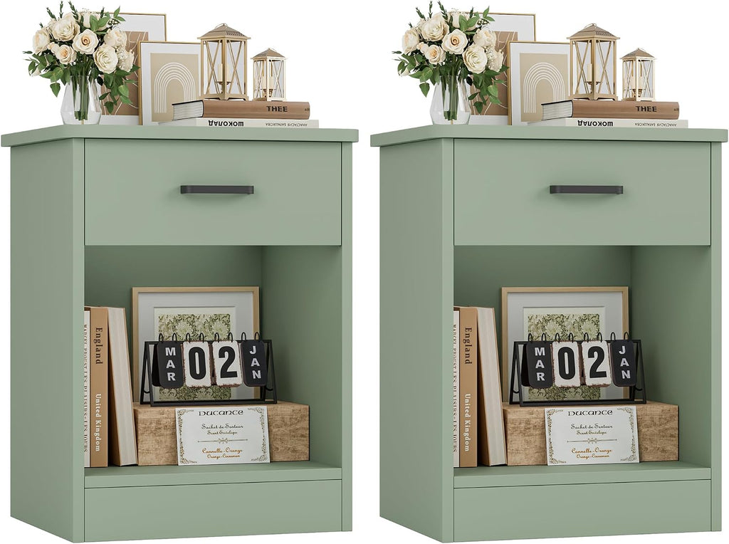 FOTOSOK Nightstand Set of 2 with Drawer and Storage Shelf | Night Stand Bedside Table End Table, Night Stand for Bedroom, Home Office, 15.7"D x 17.7"W x 23.6"H, Green