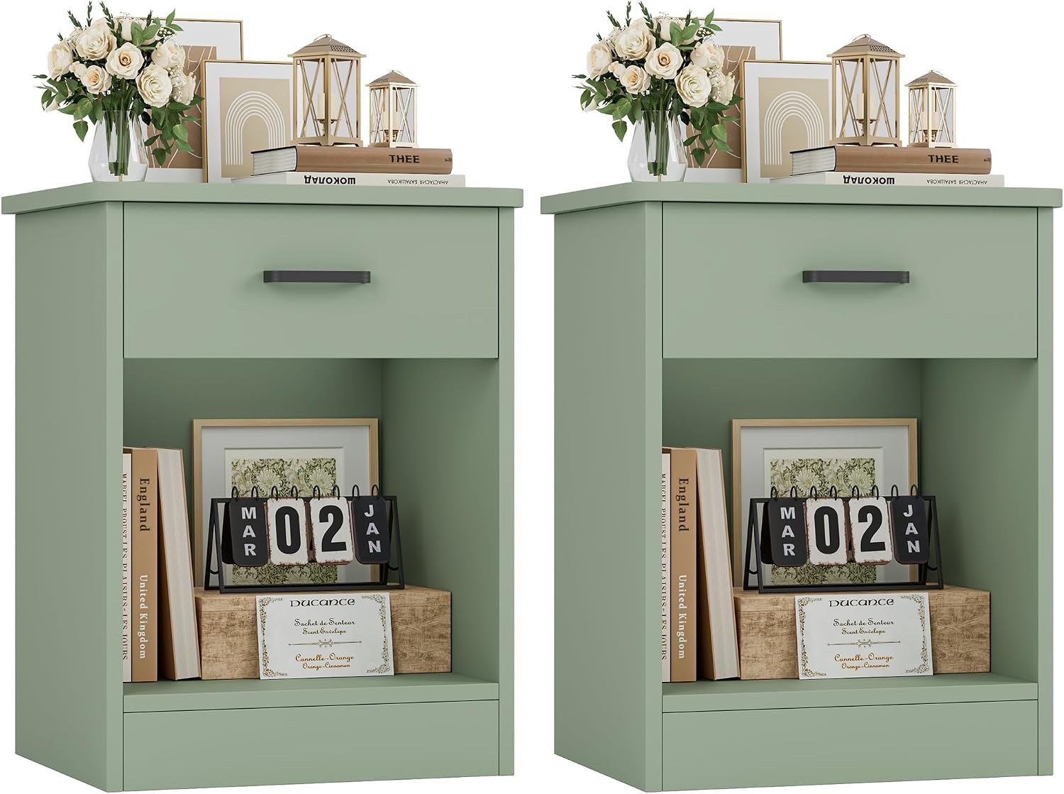 FOTOSOK Nightstand Set of 2 with Drawer and Storage Shelf | Night Stand Bedside Table End Table, Night Stand for Bedroom, Home Office, 15.7"D x 17.7"W x 23.6"H, Green
