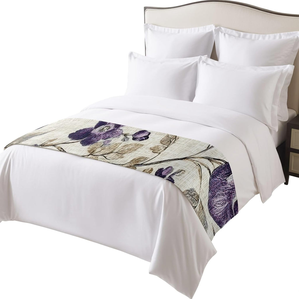 Spring Botanical Bed Runner Bedding Decorative Scarf for Fits Cal King Bed, Watercolor Purple Floral Leaf Vintage Beige Luxury Foot Throw with Satin for Hotels Homes, Guest Rooms, 102" x 20"