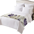 Spring Botanical Bed Runner Bedding Decorative Scarf for Fits Cal King Bed, Watercolor Purple Floral Leaf Vintage Beige Luxury Foot Throw with Satin for Hotels Homes, Guest Rooms, 102" x 20"