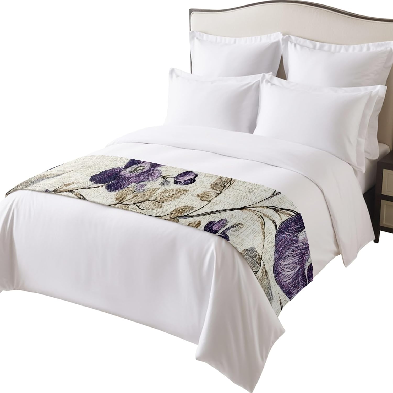 Spring Botanical Bed Runner Bedding Decorative Scarf for Fits Cal King Bed, Watercolor Purple Floral Leaf Vintage Beige Luxury Foot Throw with Satin for Hotels Homes, Guest Rooms, 102" x 20"