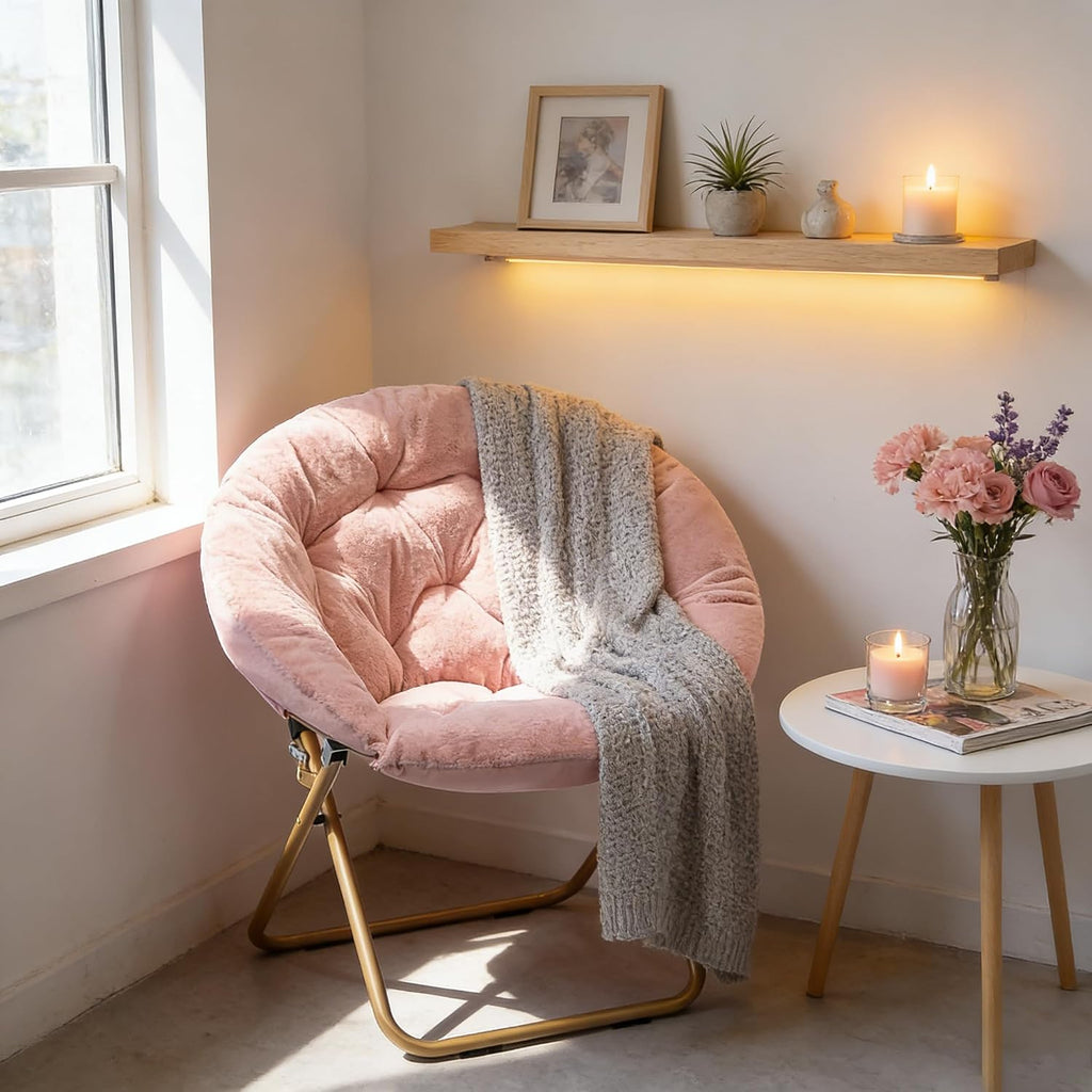 Magshion Saucer Chair for Adults, Comfy Living Room Lounge Chair for Bedroom Corner, Dorm, Apartment, Faux Fur Fluffy Circle Accent Seat with Thick Padded & Folding Metal Frame (Pink)