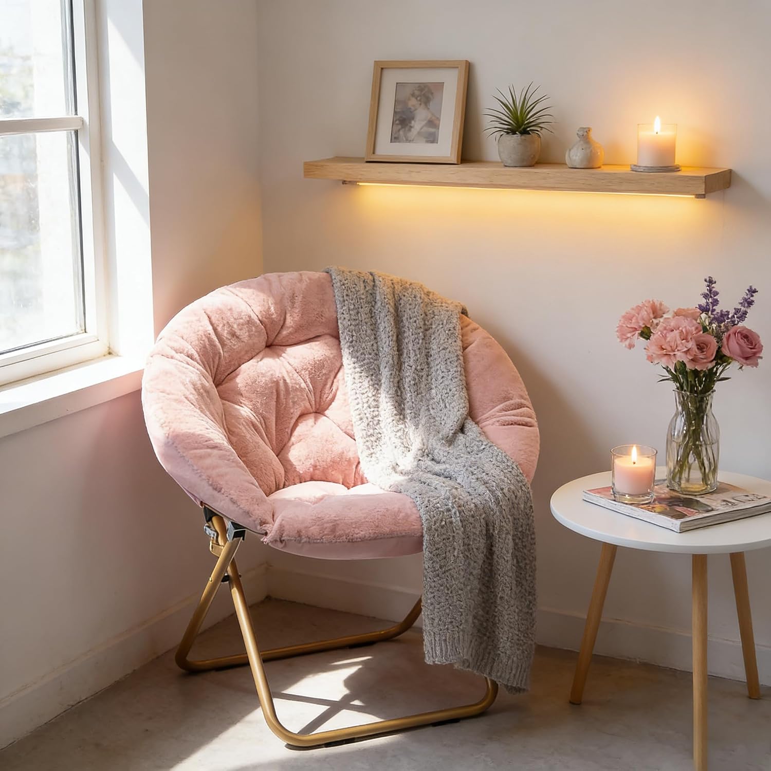 Magshion Saucer Chair for Adults, Comfy Living Room Lounge Chair for Bedroom Corner, Dorm, Apartment, Faux Fur Fluffy Circle Accent Seat with Thick Padded & Folding Metal Frame (Pink)