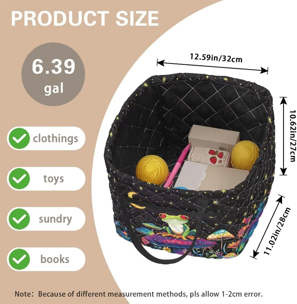XYZCANDO Frog Mushroom Quilted Storage Basket with Handles Large Capacity Laundry Hamper Organizer Bin with Pocket for Home, Picnic, Shopping, Travel