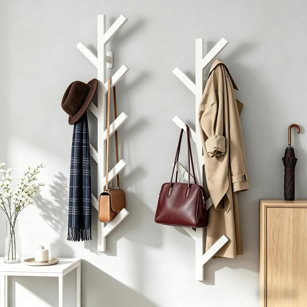 Vlush 2Pack Wall Mounted Coat Rack - 9 Hooks, Modern Metal Design, for Hats, Coats and Bags - Suitable for Entryways and Bedrooms - White (37.9" Height)
