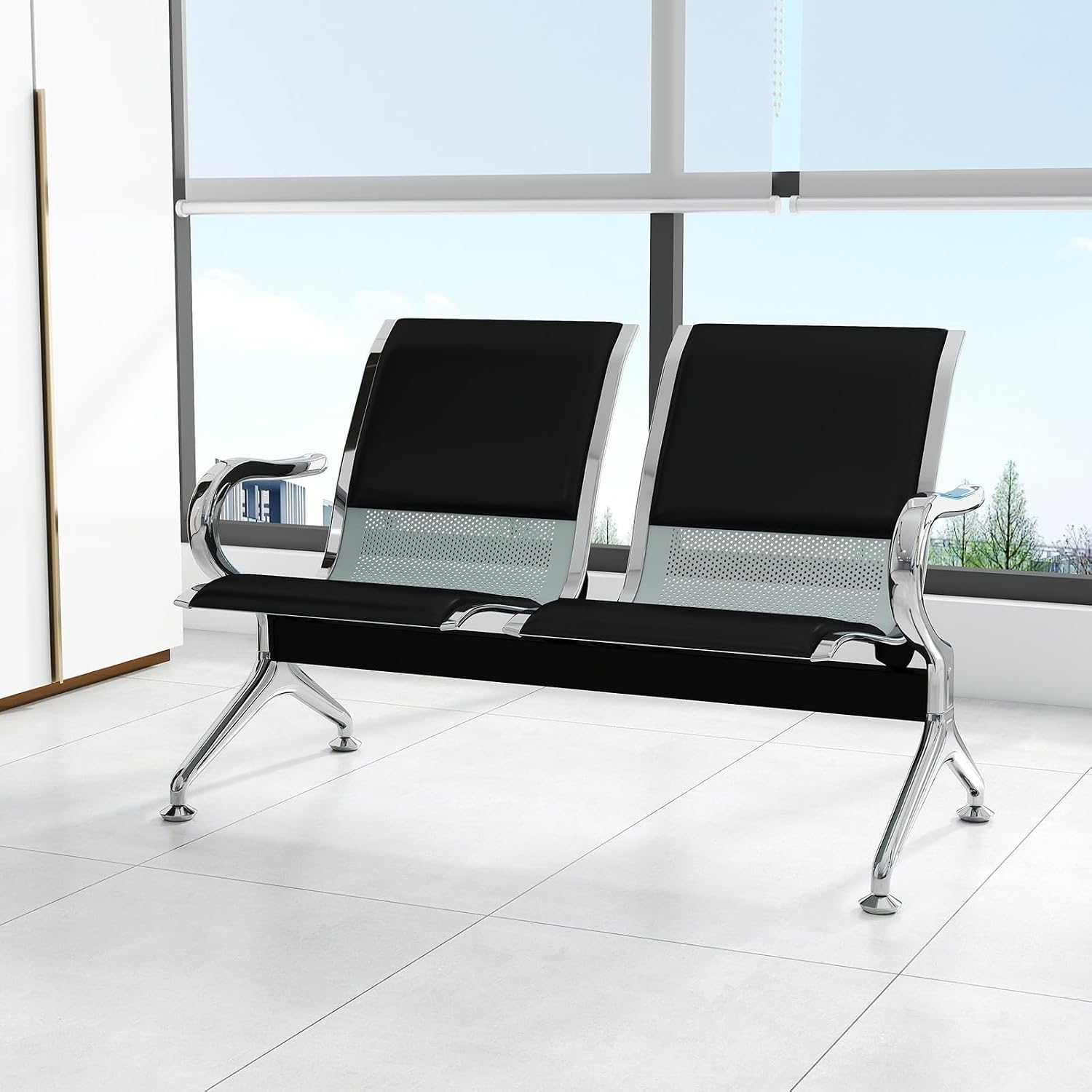 kinbor 2-Seat Waiting Room Chairs with Arms - Set of 3 Modern PU Leather Reception Bench for Airport, Hospital, Office Lobby - Breathable Mesh & Durable Steel Waiting Area Furniture (Black)