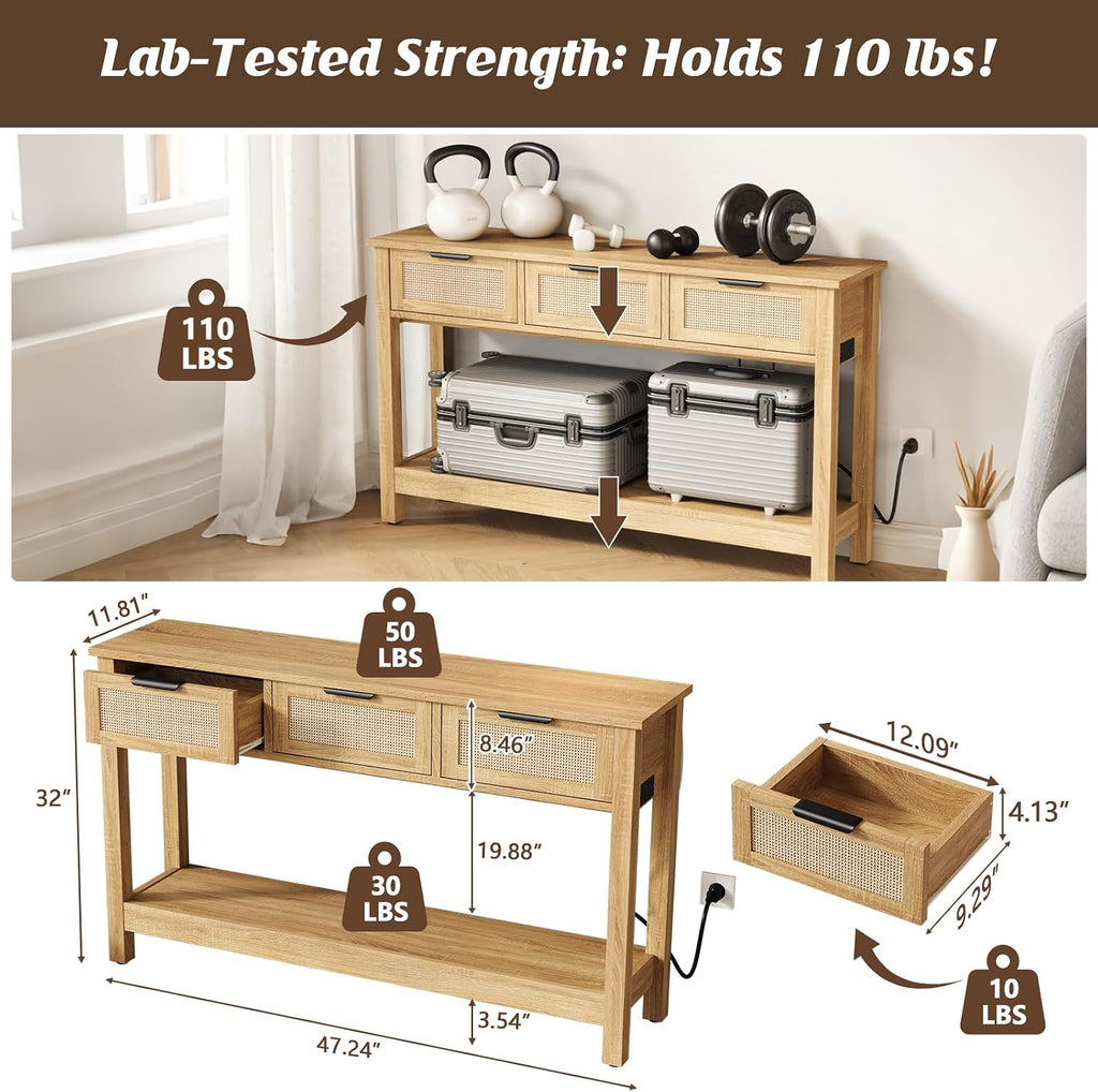 Luoxiao Natural Entryway Table with Power Outlets & USB-C, Boho Rattan Console Sofa Table with 3 Drawers, Narrow Sofa Table Behind Couch, Foyer Hallway Storage Table with Shelf, Anti-Tip, 47 Inch
