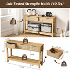 Luoxiao Natural Entryway Table with Power Outlets & USB-C, Boho Rattan Console Sofa Table with 3 Drawers, Narrow Sofa Table Behind Couch, Foyer Hallway Storage Table with Shelf, Anti-Tip, 47 Inch