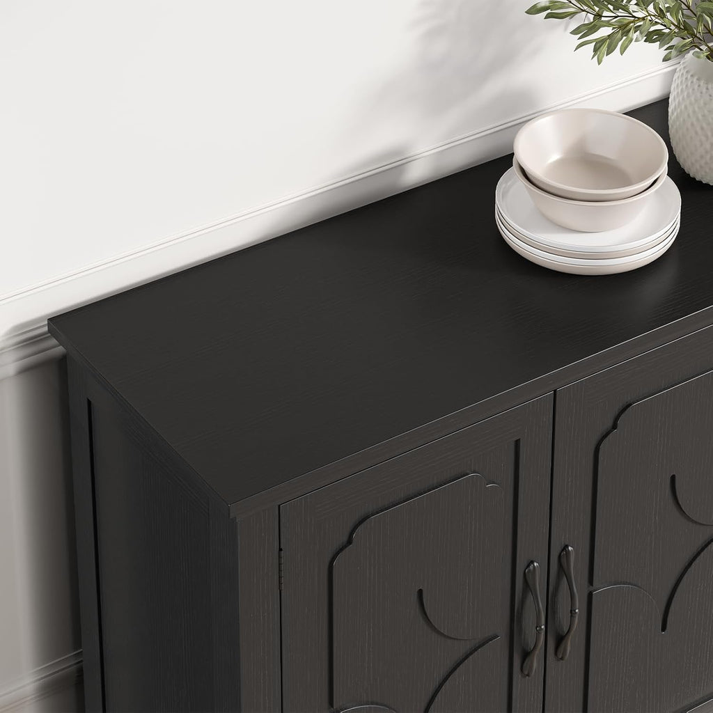 ONBRILL 63 Inch Buffet Cabinet with Storage, Large Sideboard Cabinet with 4 Carved Doors, Modern Credenza Storage Cabinets w/Adjustable Shelves for Kitchen, Living Room, Black