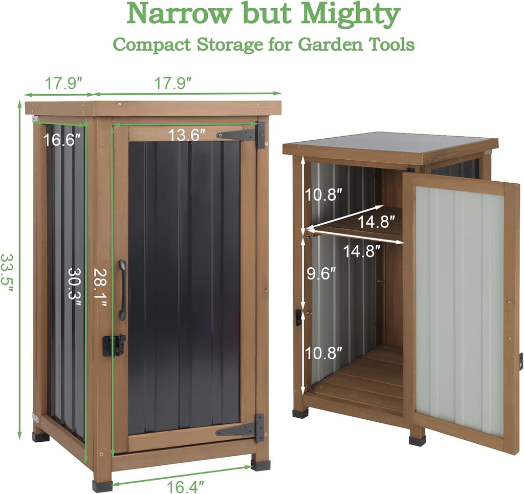 Outdoor Storage Cabinet Waterproof with Metal Top, Wooden Potting Bench Table Tool Organizer with Adjustable Shelf for Patio Backyard Garden