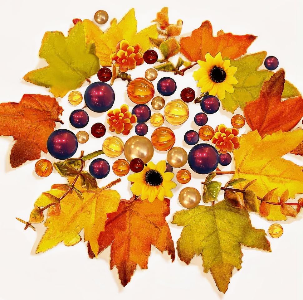 Vase Pearlfection 50 Floating Realistic Shades of Fall Leaves- Pumpkins- Mums- Pearls- Large Sizes- Fills 1 Gallon of The Transparent Floating Gels with Pre-Measured Floating Gels Prep Bag