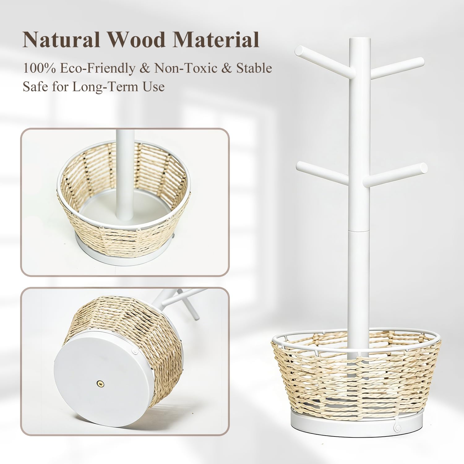 Wood Mug Holder Tree with Woven Basket, 4 Hooks Coffee Mug Holder, Countertop Mug Tree for Kitchen Counter Cabinet Coffee Bar Accessories Cup Display Organizer Hanger(White)