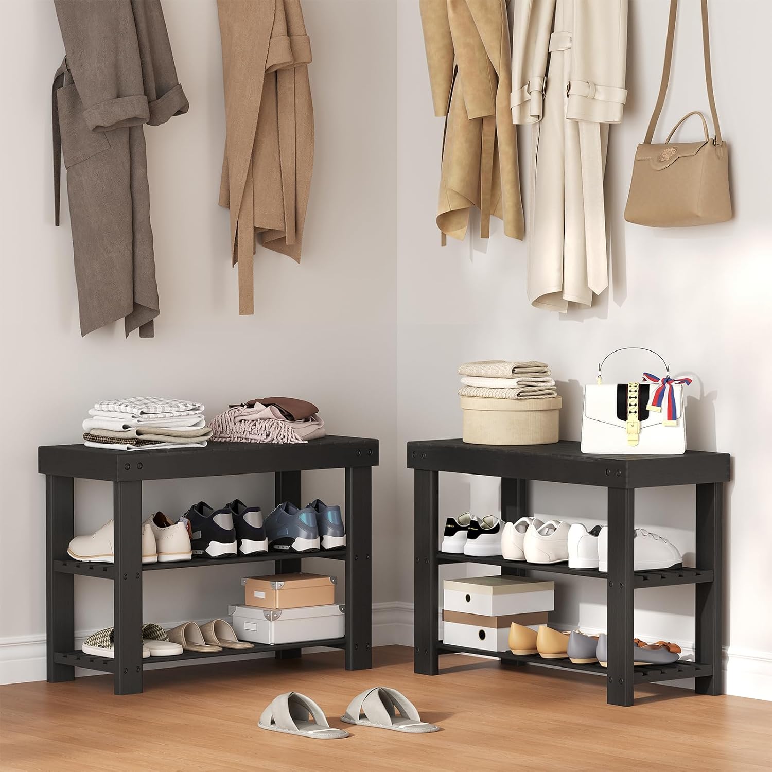 NEWBULIG Shoe Rack Bench, 3-Tier Bamboo Shoe Organizer, Wooden Entryway Storage Bench, 286 lb Load Capacity, 11.2x27.6x17.9 Inches, for Entryway Bathroom Bedroom Balcony, Black