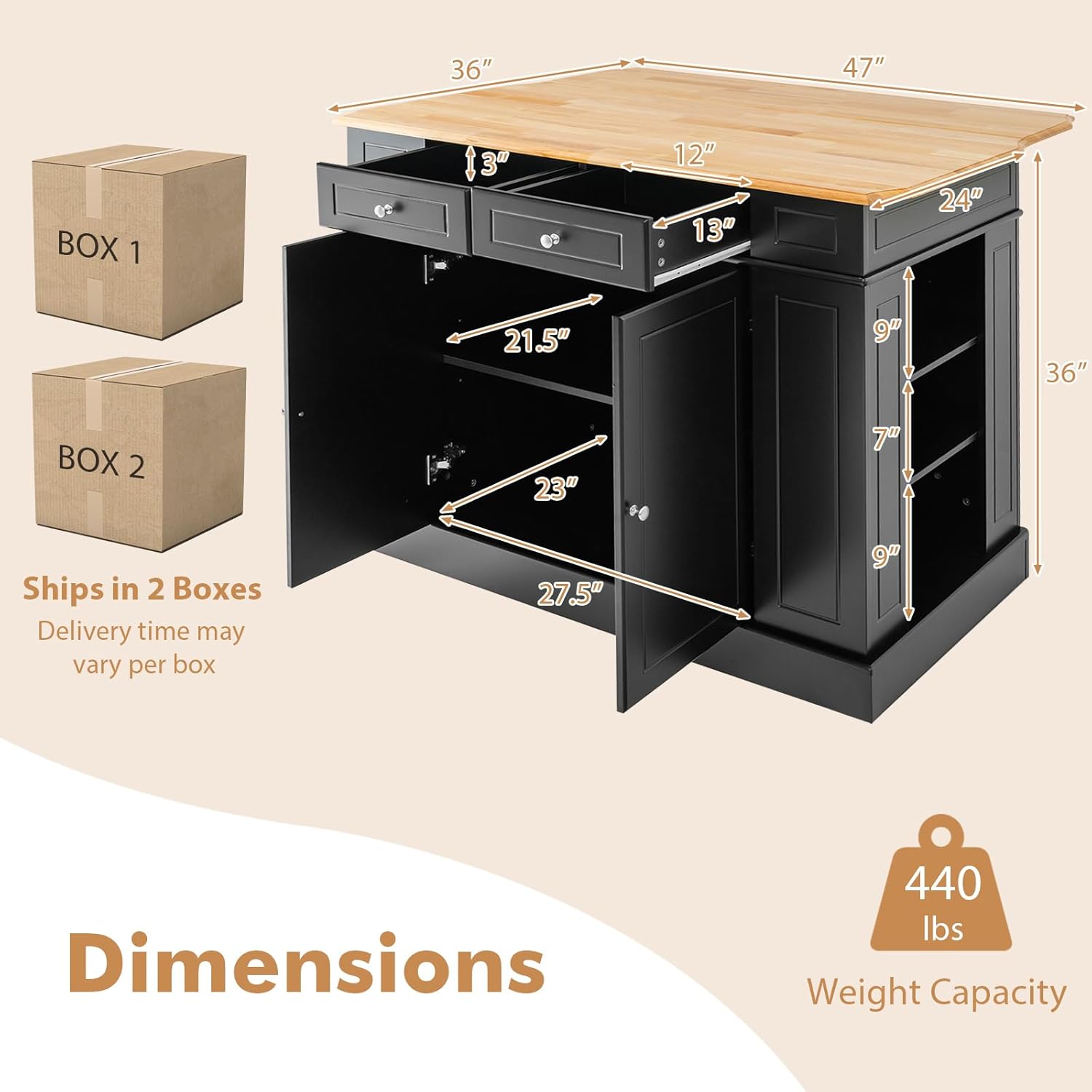 DORTALA Kitchen Island with Drop Leaf, Kitchen Island Table with Rubber Wood Butcher Block Countertop, 2 Drawers, Spice Racks & Adjustable Storage Cabinet, Coffee Bar Cabinet for Dining Room, Black