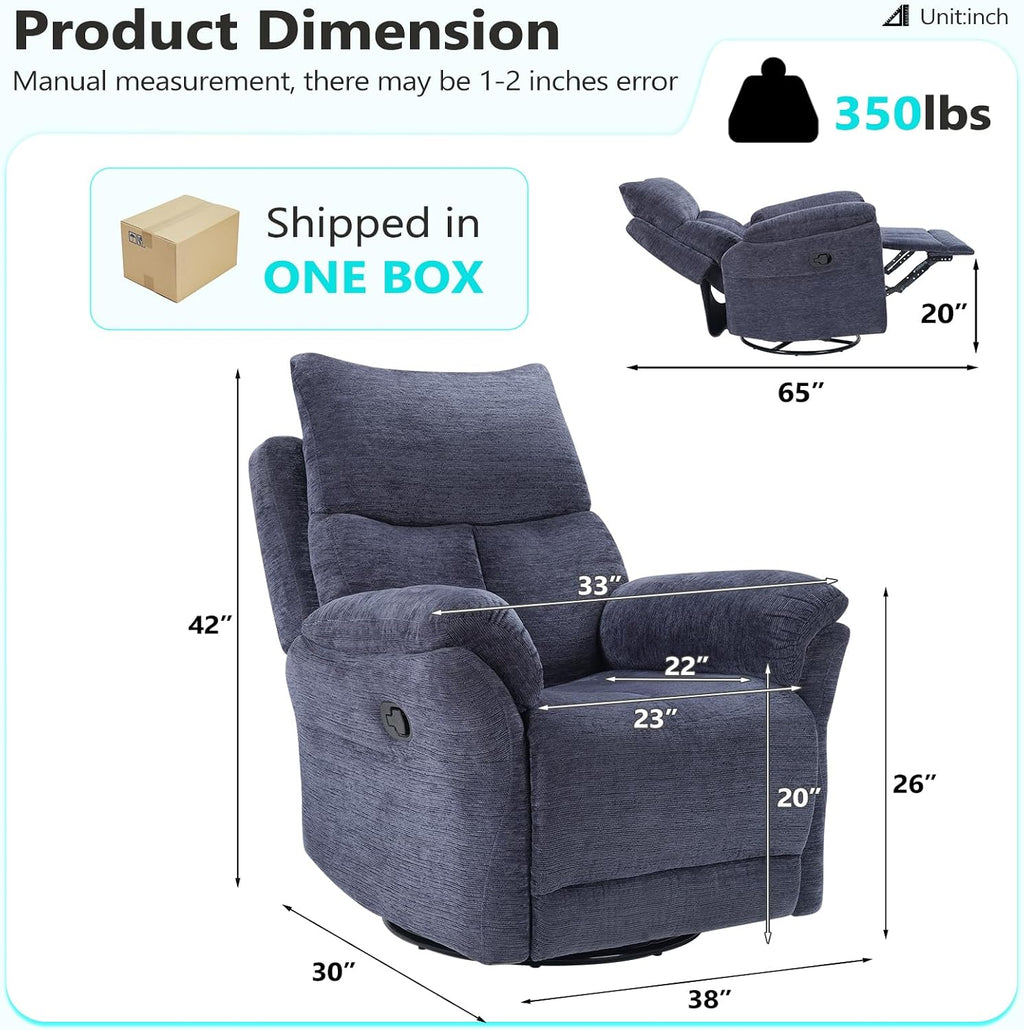 ANJ Swivel Rocker Recliner Chair, Manual Fabric Glider Nursery Recliner Chair, Single Rocking Modern Sofa Home Theater Seating for Living Room, Nursery (Slate Blue)