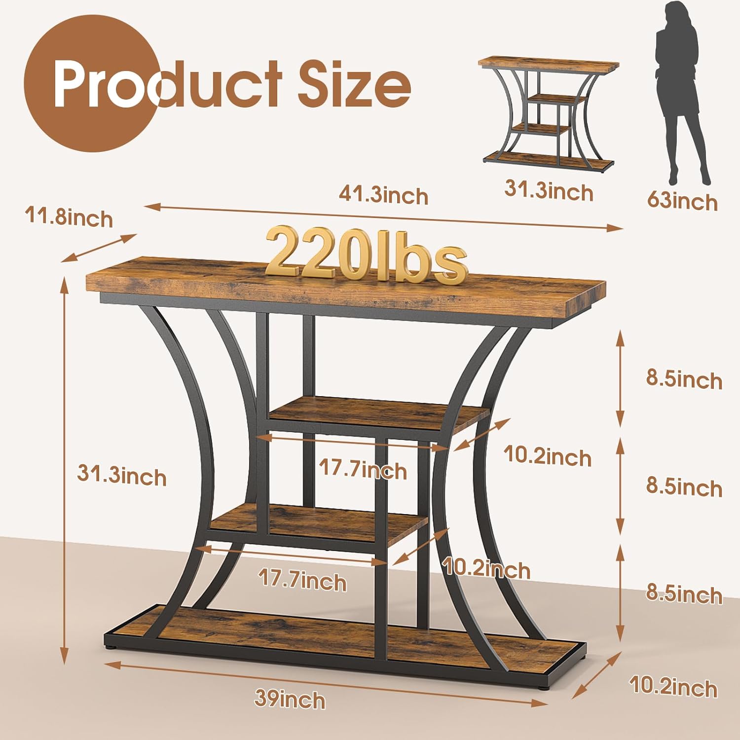 41.3'' Industrial Sofa Table with 4 Tier Storage Shelves, Narrow Long Console Table Entryway Table with Curved Metal Frame, Rustic Wood Accent Table for Hallway, Foyer, Rustic Brown