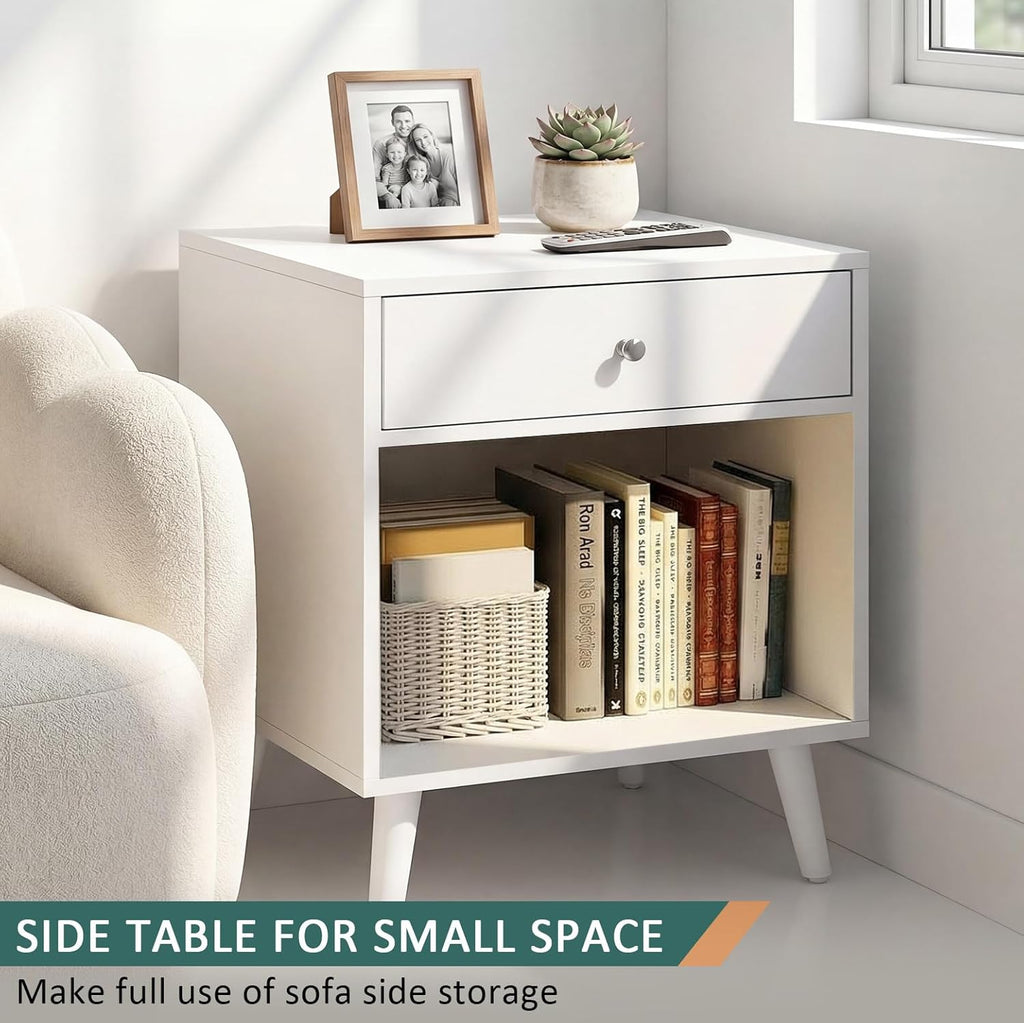 Modern Nightstand with Drawer, White Night Stand with Storage Shelf 2 Tier Bedside Table for Small Spaces Wooden End Table Mid Century Side Table for Bedroom Living Room Nursery
