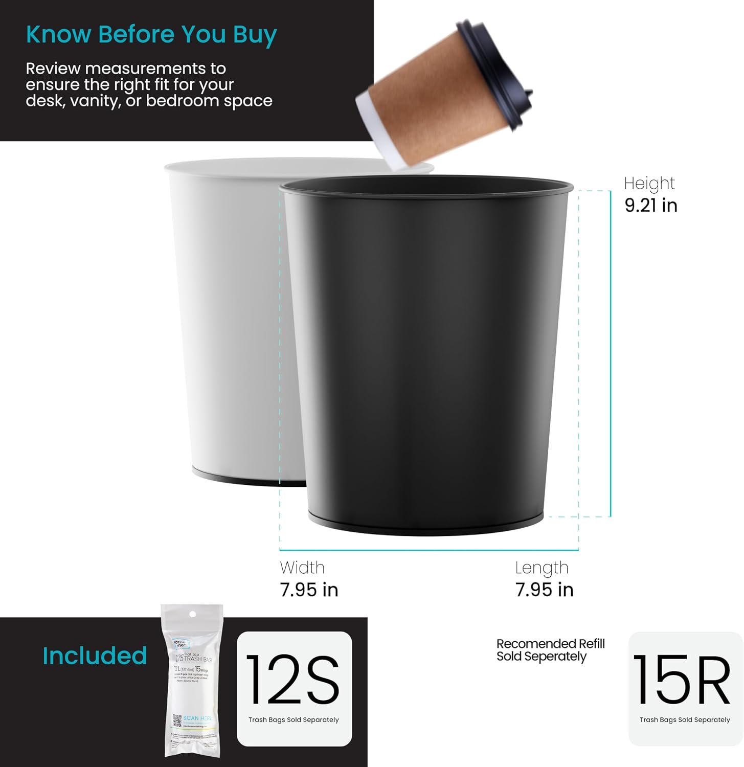 Home Zone Living 1.5 Gallon Round Open Top Wastebasket, Stainless Steel, Matte White and Matte Black Color Set, 2 Pack with Trash Bags
