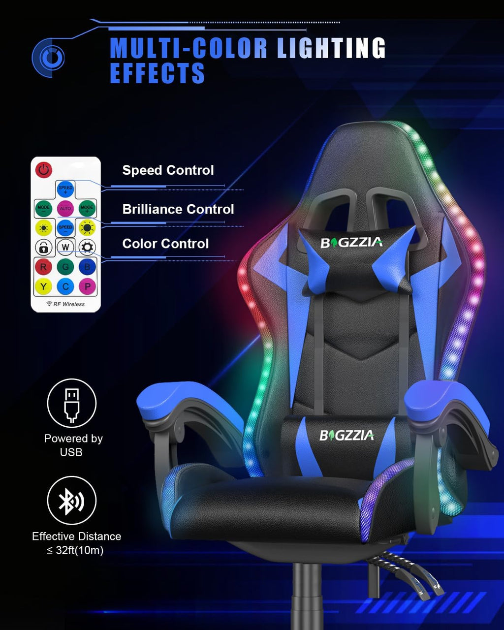 Bigzzia Gaming Chair with RGB LED Lights for Kids & Adults, High Back Ergonomic Computer Gamer Chair with Headrest and Lumbar Support, Racing Style Reclining Game Chair(Black/Blue)
