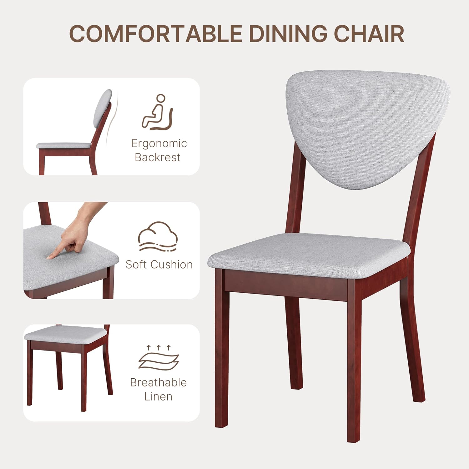 Ahomly 6-Piece Dining Table Set for 6, Solid Rubberwood Table with Bench & 4 Upholstered Linen Chairs, Rectangular, Dark Cherry Finish (Grey Cushions)